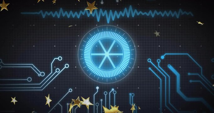 Glowing blue HUD pulsing, gold stars appearing above, drifting down, adding accent to dark panel