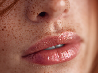 Naklejka premium Close up view of a person's face showing skin with many freckles glossy lips and
