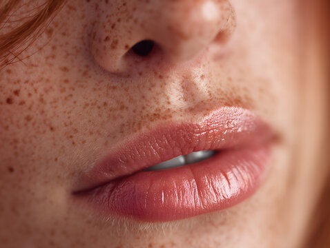 Close up view of a person's face showing skin with many freckles glossy lips and