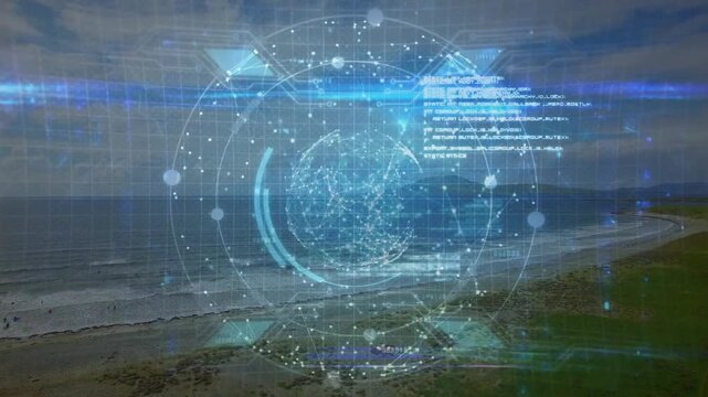 Holo UI emerging from dots over beach, forming clear globe, scanlines and code, mapping tech data