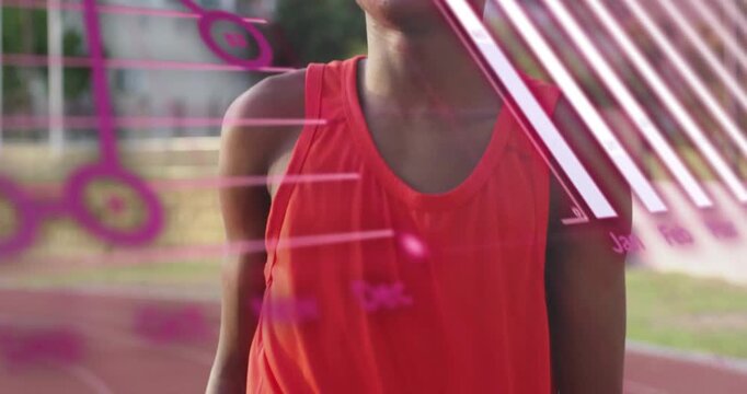 Teen athlete on track, magenta charts sliding across lens causing stepping and breathing, preparing