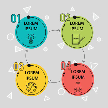 Colorful infographic design featuring four circular steps with icons and lorem ipsum text
