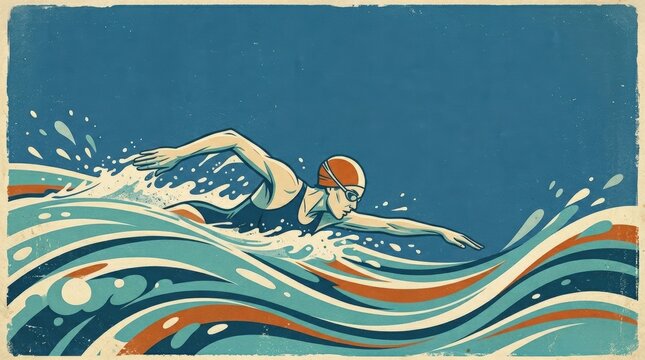 Retro aquatic poster featuring streamlined swimmer in cap and goggles