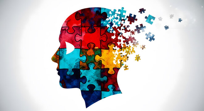 mental health awareness conceptual art | Alzheimer's disease and memory loss illustration | human mind puzzle pieces breaking apart | cognitive decline symbol