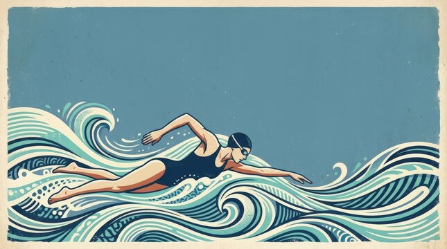 Retro aquatic poster featuring streamlined swimmer in dynamic waves
