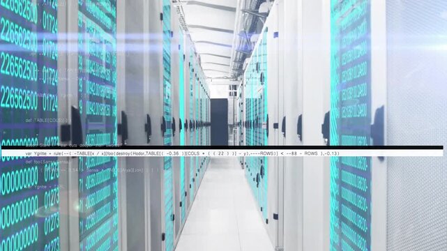 Showing datacenter aisle with racks, black glitch bar appearing, moving while overlays showing flow