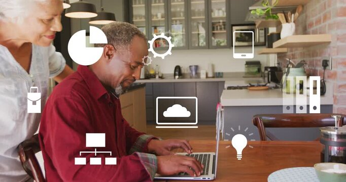 Man typing laptop while woman entering from left hugging him, reviewing remote work, cloud icon