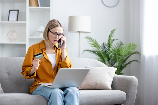 Woman experiencing fraud during online shopping banking issue