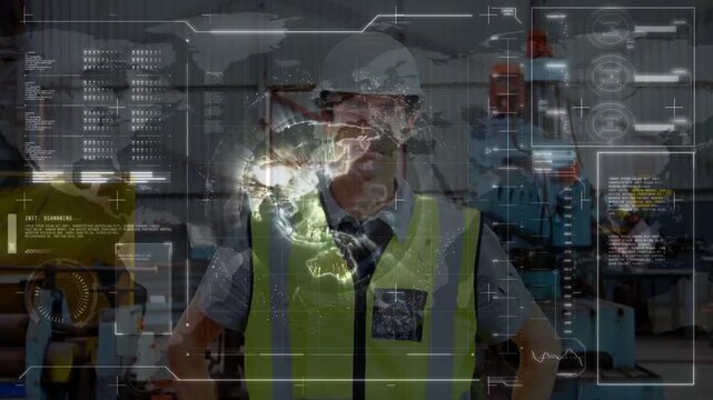 Receiving AR globe, worker wearing hi-vis vest adjusting white hard hat and checking HUD at factory