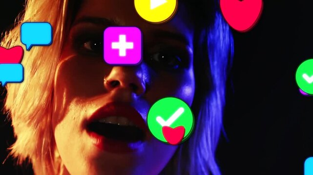 Female model holding gaze while camera cropping upward, social icons flooding face for marketing