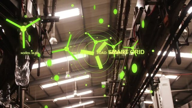 Neon-green overlay emerging over cable rack turbines forming radar rings mapping smart grid nodes