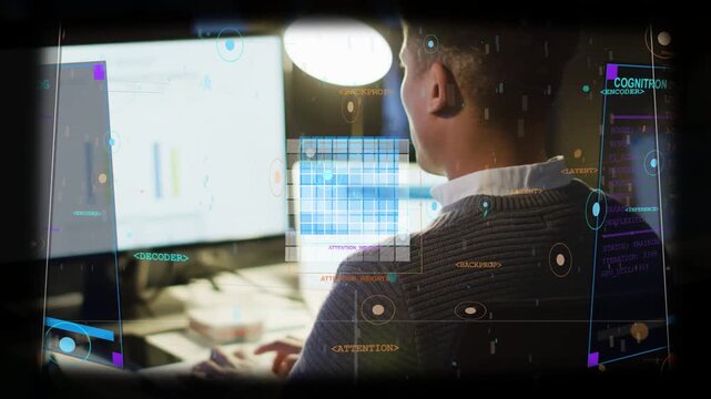 Man typing laptop multiscreen tech desk making HUD shifting and grid highlighting turning to camera
