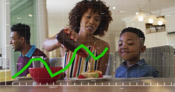 Woman reaching bottle, pouring sauce onto boy's sandwich for food, faint grid and green line rising