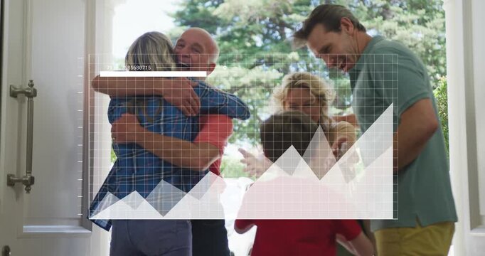 Family arriving front doorway, sparking hugs and reuniting, analytics chart overlaying group