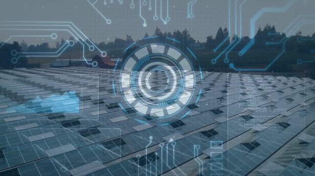 HUD fading in, circular interface pulsing and rings spinning, visualizing solar array health