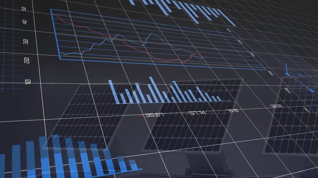 Camera initiating slow fly-through across 3D data dashboard, charts animating, visualizing trends