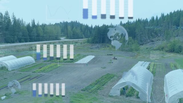 Couple tending greenhouse farm crops while drone reveal raising data charts and globe showing yield