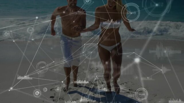 Couple starting walking along shoreline toward lens, tech HUD overlay mapping nodes while bonding