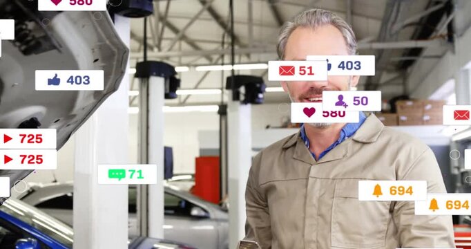 Mechanic checking checklist by hood in garage, initiating floating badges indicating service buzz