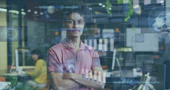 Man in pink polo standing watching HUD charts fading in as timeline advances, showing business data