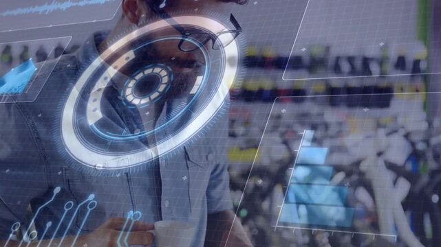 Man standing in bicycle retail HUD appearing, sipping cup, tapping panel, studying sales data