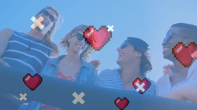 Friends smiling at rail, map glitch centering over group then spawning hearts and gold bokeh travel