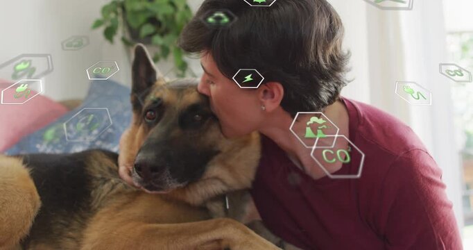 Owner leaning to dog, kissing, calming, floating hex icons over both showing health, dog settling