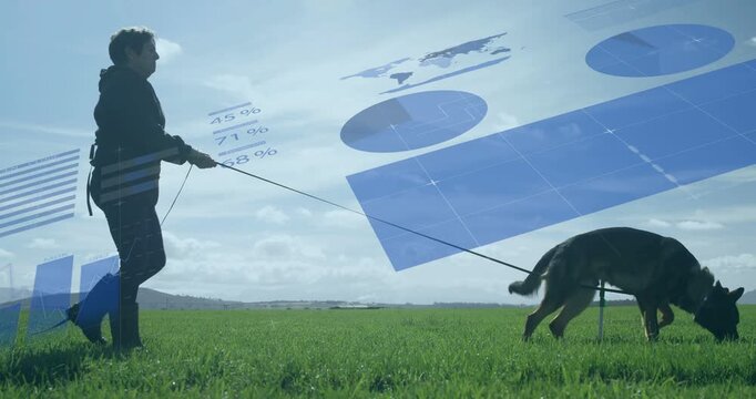 Senior woman walking dog long leash, stepping guiding sniffing as blue tech charts rising above sky