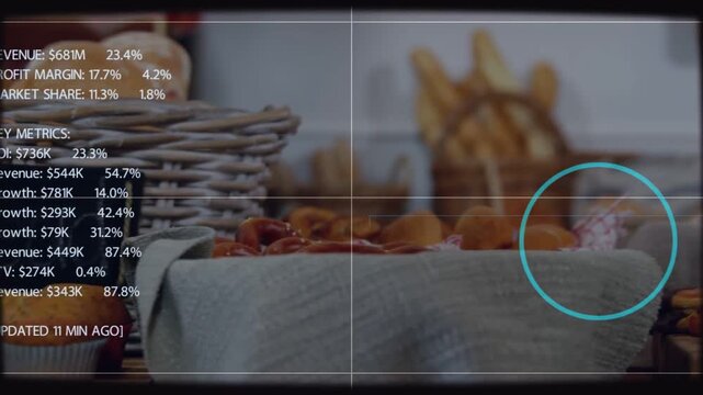 Crosshair scan activating HUD overlay mapping pastry metrics and highlighting sales performance