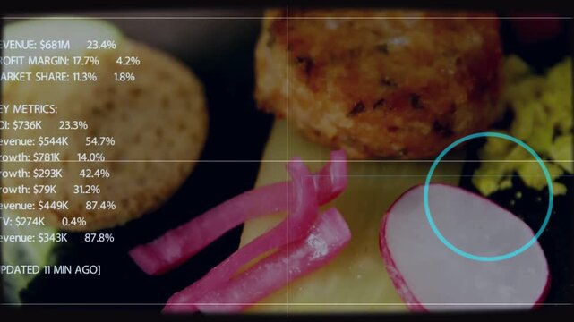 Appetizer centered, HUD activating, cyan circle marking radish, panel showing business metrics