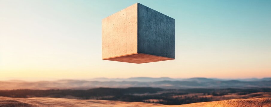 Floating concrete monolith over a vast, hazy desert landscape bathed in dawn's glow. A mysterious, geometric marvel in surreal isolation. ,Surreal, Sci-Fi