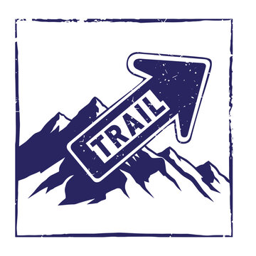 Dark blue grunge stamp style featuring a mountain range silhouette with an upward pointing arrow containing the word t r a i l inside a distressed square border on a white background