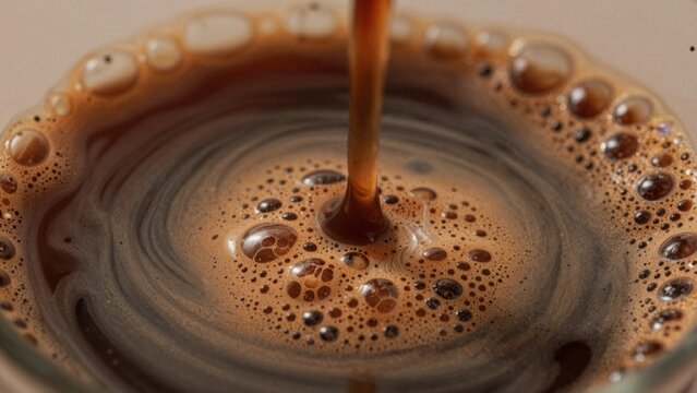 High-resolution close-up cup coffee taken slightly elevated angle focusing frothy dark brown liquid which appe