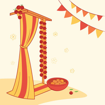 Indian wedding canopy with marigold garlands and fruit bowl with flat design with home decor