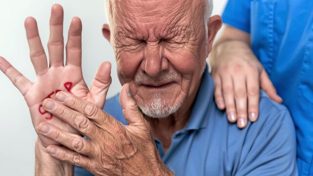 Distraught Senior Man Showing STOP Written on Hand as a Plea Against Abuse