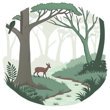 Forest stream with deer and bird by a tree with the background shows a misty forest setting