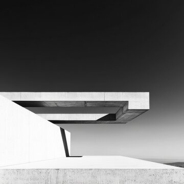 Geometric Purity Stark BandW concrete structure with a bold cantilever against an expansive sky, a minimalist composition of lines, planes and dramatic shadows. Form, Abstraction.
