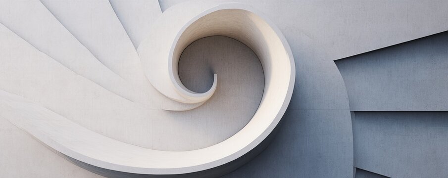 Grayscale architectural abstract showcasing a prominent concrete vortex, flanked by receding curves and angular panels, exploring depth, light and minimalist forms. Abstract,