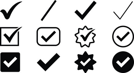 Check Mark Icon Set with Tick Symbols, Approval Signs, Verified Badge, Checkbox, Validation Icons for UI, Apps, Forms, and Quality Assurance Design © AKTAR