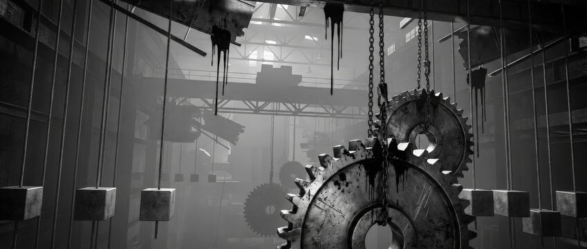 A dark, atmospheric industrial scene featuring large rusted gears, chains, and dripping liquid in a foggy warehouse setting.