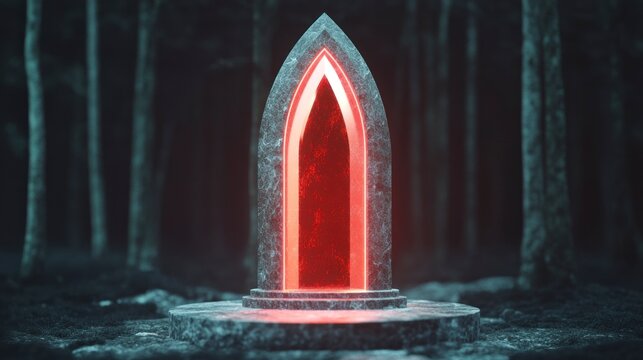 Stone Portal Glowing Red in Dark Forest
