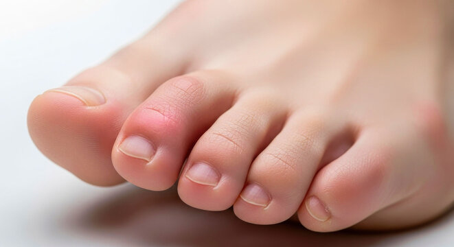 Blistered toes from uncomfortable shoes showing red irritated skin on a human foot. Medical, podiatry, healthcare, or dermatology concept.