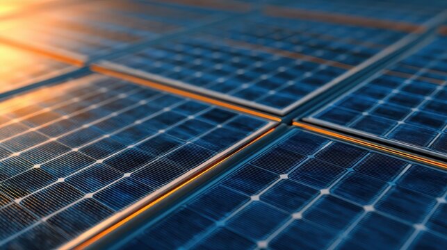 Close-up of solar panels reflecting sunlight, showcasing their intricate grid design and contributing to renewable energy solutions.