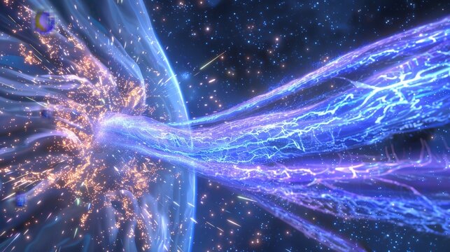 A blue and purple explosion in space with a bright orange center. The explosion is surrounded by a blue and purple cloud of energy
