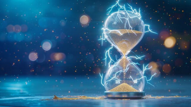 A glass hourglass with sand and lightning bolts surrounding it. Concept of time passing quickly and the unpredictability of life