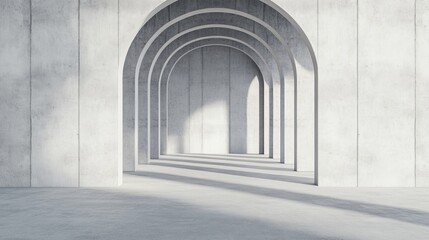 Fototapeta premium Minimalist concrete archway corridor with strong natural light and shadow, creating deep perspective. Abstract symmetrical design emphasizing clean lines and brutalist