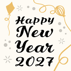 A cheerful new year greeting card features elegant cursive lettering confetti and whimsical balloon and kite illustrations high quality professional © shahin