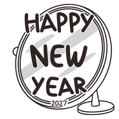 Obraz premium A black and white illustration features a makeup mirror displaying the text happy new year with the year 2027 below