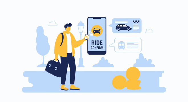 Man uses ride-sharing app on phone to book taxi or public transport