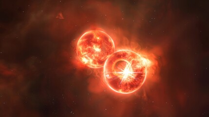 Two glowing red orbs in space. The orbs are surrounded by a dark background. The orbs are very close to each other and appear to be in a state of explosion